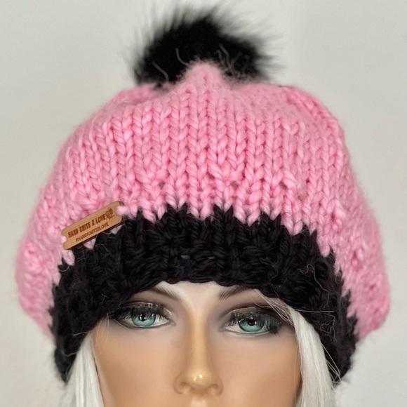 Hand Knits Love Beanie Hat Slouch Cap Faux Fur Pom Pom Designer